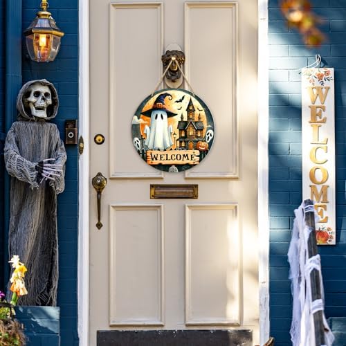 Ghost Decor Halloween Welcome Sign for Front Door Porch, Haunted House Home Door Wall Decor, Farmhouse Autumn Party Outdoor October Halloween Decorations Gifts -04 - Image 3