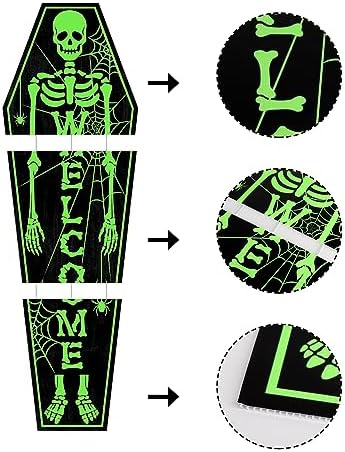 Halloween Decorations Outdoor Glow in the Dark: Large Scary Coffin Skeleton Welcome Sign Front Porch with Spider and Spiderwebs 3Pcs, Splicable Halloween Door Decorations for Home Wall Front Door - Image 3