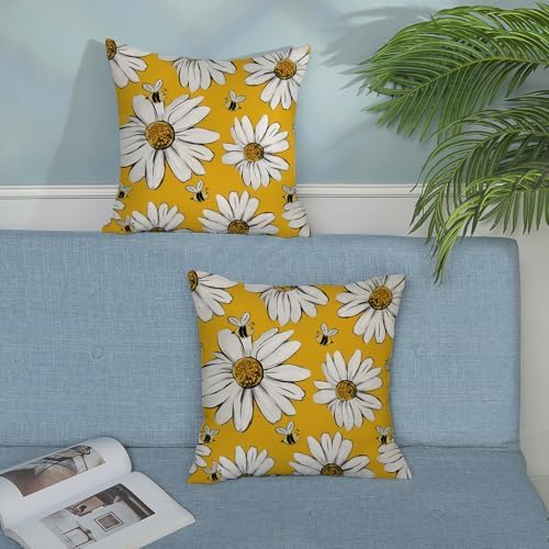 Summer Pillow Covers 16x16 Inch Set of 2 Floral Bee Sunflowers Yellow Throw Pillows Spring Outdoor Decorative Pillow Cases Linen Farmhouse Seasonal Cushion Covers Decor for Living Room Couch - Image 4