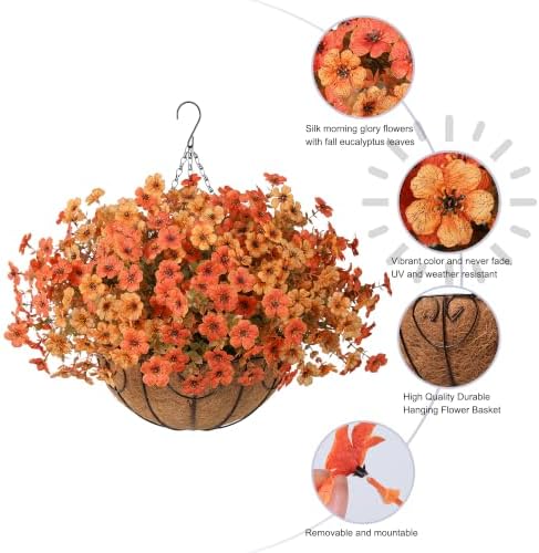 HyeFlora 2 Set Artificial Outdoor Faux Fall Mums Hanging Flowers Plants Basket Outside, 14 Bundles Fake Silk Daisy Fern in Planter UV Resistant for Autumn Porch Balcony Patio Yard Decor, Orange Yellow - Image 4