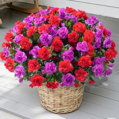 Artificial Faux Outdoor Flowers Plants for Spring Summer Decoration, Fake Silk Camellia UV Resistant Look Real for Planter Outside Front Door Porch Patio Balcony, 3 Large Bundles (Red+Fuchsia) - Image 2