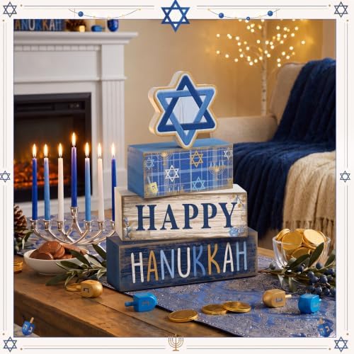 Lineshading 4 Pcs Wooden Hanukkah Block Signs Farmhouse Tiered Decor - Image 2
