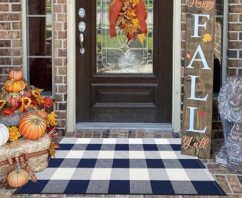 Fall Front Door Mat Outdoor 24"x35"Blue and White Buffalo Plaid Outdoor Rug by BUAGETUP