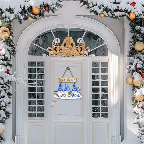 Hello Winter Sign Wreath 10.2x13.8in Gnome Welcome Sign for Front Door Decor Winte Wooden Door Hanging Plaque Sign Christmas Winter Holiday Decorations for Home Window Wall Indoor Outdoor - Image 4