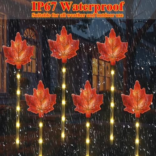 Fall Decor Solar Pathway Lights Outdoor Thanksgiving Decorations, 6 Pack Fall Leaves Solar Thanksgiving Maple Leaf Garden Stake Lights for Outside Patio Yard Wedding Party Autumn Decor - Image 3