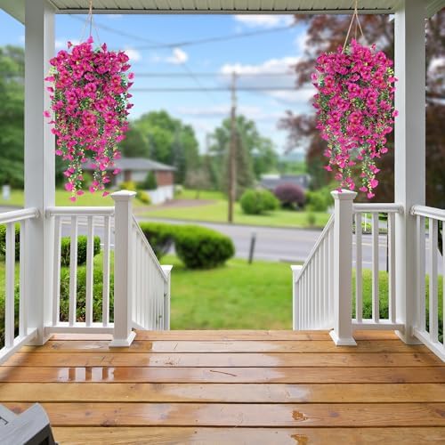 Sggvecsy Artificial Fake Hanging Flowers Plants for Outdoor Outside Spring Summer Decoration 2PCS Faux Silk UV Resistant Realistic Morning Glory with Eucalyptus for Home Porch Patio Balcony(Magenta) - Image 3