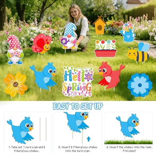 12 PCS Hello Spring Yard Signs with Stakes Spring Outdoor Lawn Flower Insect Garden Pastel Decorations (Hello Spring) - Image 5