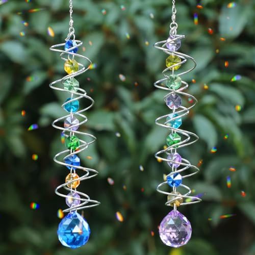 Sun Catchers, 2pcs Gazing Ball Spiral Tail Wind Spinners Crystal Suncatcher Prism Hanging Crystals Rainbow Maker for Windows Indoor Outdoor Garden Car Decorations Christmas Party Gifts for Girls Women - Image 5