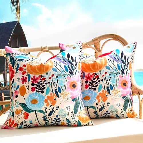 Outdoor Waterproof Throw Pillow Covers Set of 2 Floral Printed Blue Pink Orange Red Flower Pillowcase Farmhouse Outdoor Pillow Covers Square 18x18 Inch for Sofa Garden Patio Funiture Bench by KWLET