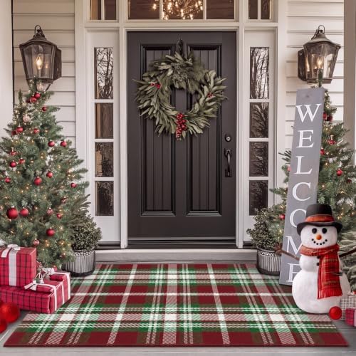 Moucuny 2'4'' X 3'7'' Red Green White Brown Christmas Plaid Outdoor Rug by Moucuny