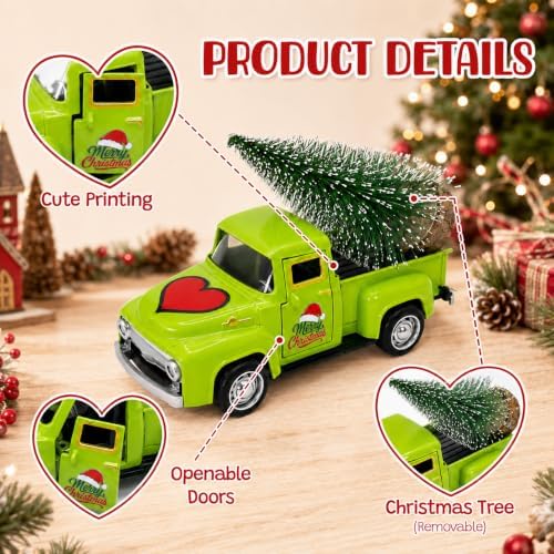 Christmas Green Truck Decor, 4.9 Inch Vintage Metal Pickup Truck with Christmas Tree, Mini Farmhouse Holiday Tabletop Decoration for Tiered Tray, Kitchen, Living Room and Christmas Centerpiece - Image 5