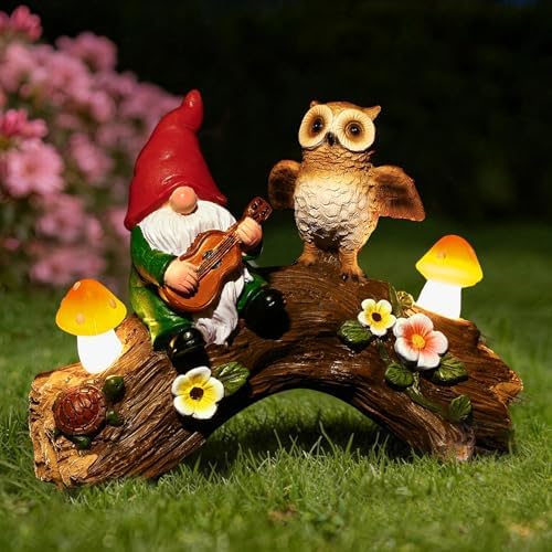 Solar Garden Statues Owl Gnomes Outdoor Decor Resin Owl Figurine with Mushroom Lights for Patio Lawn Yard Decorations Christmas Birthday Housewarming Gardening Gifts for Women Mom by WONDHOME