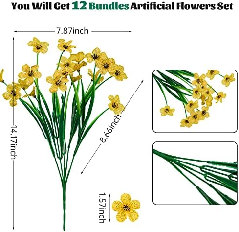 Lnoicy 12 Pcs Artificial Flowers for Outdoor,Plastic Flowers Decoration, UV Resistant Faux Flowers Shrubs, Artificial Plants for Indoor Outside Garden Home Wedding Farmhouse(Yellow) - Image 2