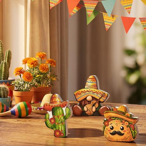 Smile Cinco De Mayo Wooden Tabletop Wooden Decor Set of 3 Mexican Fiesta Figurines (Gnome, Cactus, Taco) for Tiered Tray & Party Display - Image 5