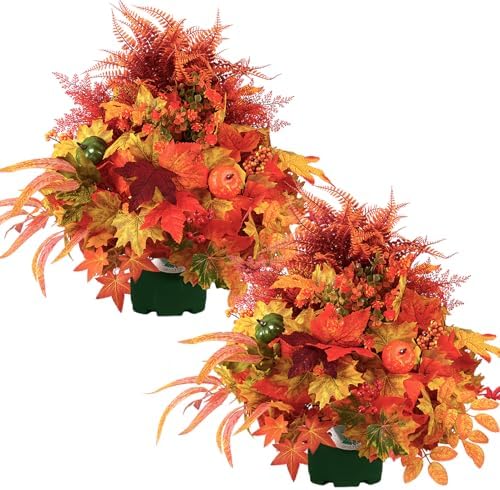 Artificial Fall Flowers for Outdoors – 2PCS 20" Pumpkin & Maple Leaf Potted Plants, Autumn Decorations for Thanksgiving, Halloween & Home Gifts by QIANYUN