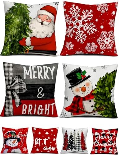 multiwins Christmas Decorations Set of 4 Double-Sided Print Christmas Pillow Covers 18" x 18", with 8 Cute Patterns, Throw Pillow Covers Perfect for Home Christmas Decor by multiwins