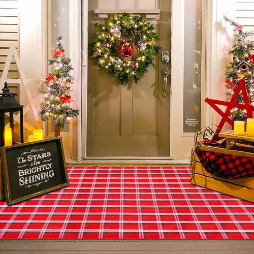 Christmas Red Green White Plaid Rug, 4' x 6' Cotton Hand-Woven Buffalo Check Layered Door Mat for Front Porch, Entryway, Outdoor Holiday Decor, Washable Farmhouse Rug for Home, Patio, Kitchen by Homydecor