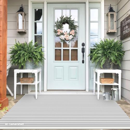 IOHOUZE 4x6 Striped Outdoor Rug, Washable Front Porch, Grey White by iOhouze