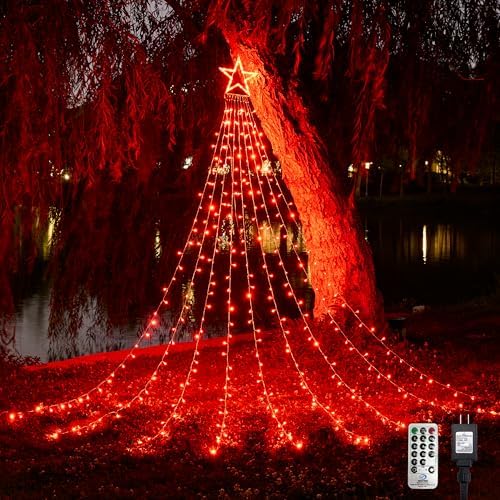 WBao 344 LED Christmas Lights Outdoor Decorations with 12" Star Topper, 11.9ft Waterfall Christmas Lights, Remote Control 8 Modes, 3 Timers, UL Listed Waterproof for Tree Roof Porch Xmas Decor, Red by WBaoOfficial