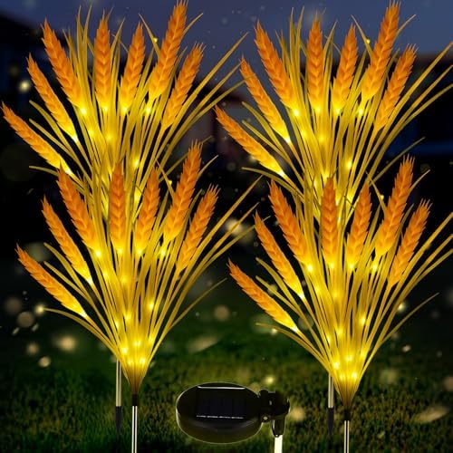 Rossesay 4 Pcs Fall Solar Lights Decorative Outdoor Garden Autumn Solar Flowers Lights with 28 Realistic Wheat Ears Thanksgiving Waterproof Decor for Yard Pathway Lawn Patio Garden Outdoor by Rossesay