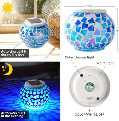 WSgift Color Changing Solar Powered Glass Mosaic Ball Led Garden Lights Rechargeable Outdoor Waterproof Solar Night Lights Table Lamps for Decorations Blue - Image 3