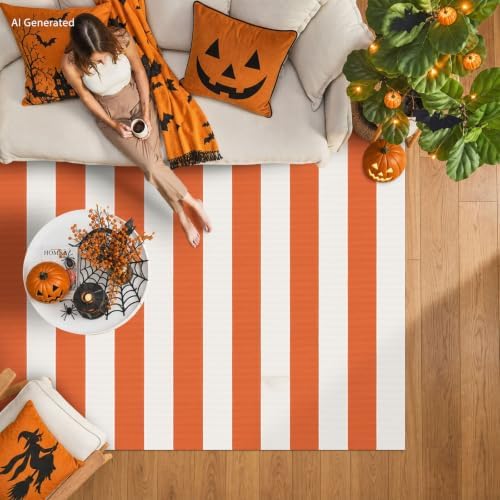 IOHOUZE Fall Striped Outdoor Rug 4x6, Washable Porch, Orange White - Image 3