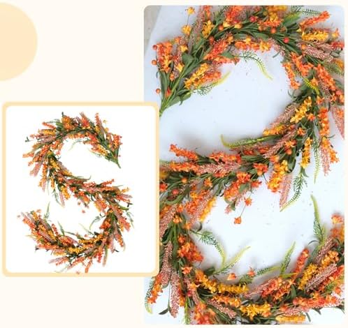 70 Inch Fall Flower Garland with Berries for Front Door, Harvest Orange Floral Wreath Garland for Indoor Outdoor, Fall Artificial Flower Garlands for Home Decor - Image 4