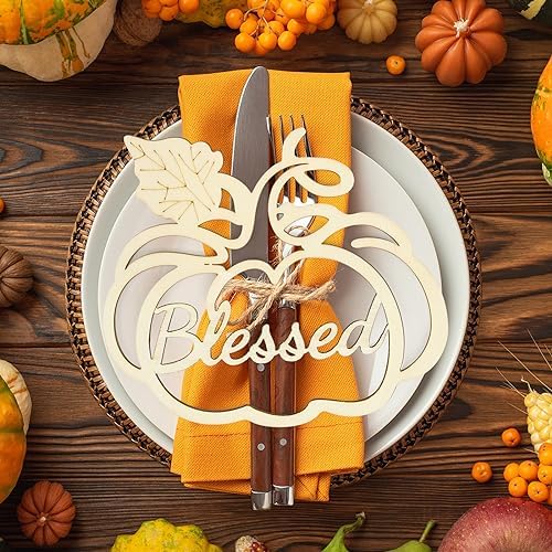 12 Pcs Thanksgiving Pumpkin Wooden Plate Decor Grateful Wood Cutouts Fall Autumn Thankful Blessed Favour Gather Party Place Card Table Settings Signs for Farmhouse Dining Table Holiday Harvest by Sophena