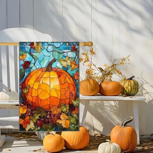Fall Garden Flag For Outdoor Decor Thanksgiving Garden Flags Autumn Stained Glass Pumpkin Maple Leaf Double Sided Small Burlap Outside Porch Lawn Yard Flags Decorations 28X40 Inch - Image 2