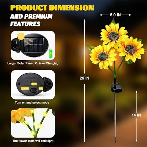 MorTime 3 Pack Solar Sunflower Lights, Outdoor Garden Waterproof Solar Lights with 9 Sunflower Lights for Patio Garden Backyard Holiday Yard Party Wedding Outdoor Spring Decor - Image 2