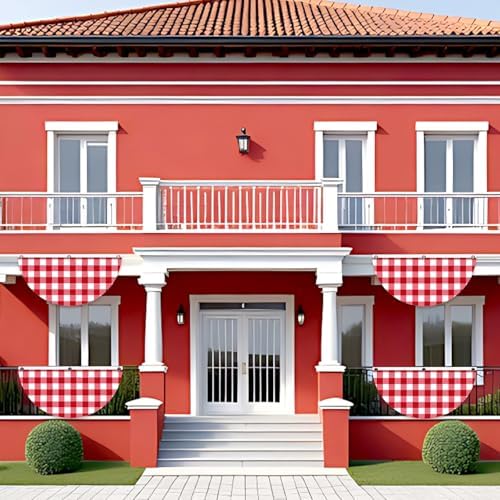 4 Pcs Red White Gingham Pleated Fan Flags, Red White Plaid Bunting Fan Flag Decoration with Metal Grommet 1.5 x 3 Ft, Red Half Fan Flag Banner for Indoor Outdoor House Garden Patio Yard Decor - Image 4