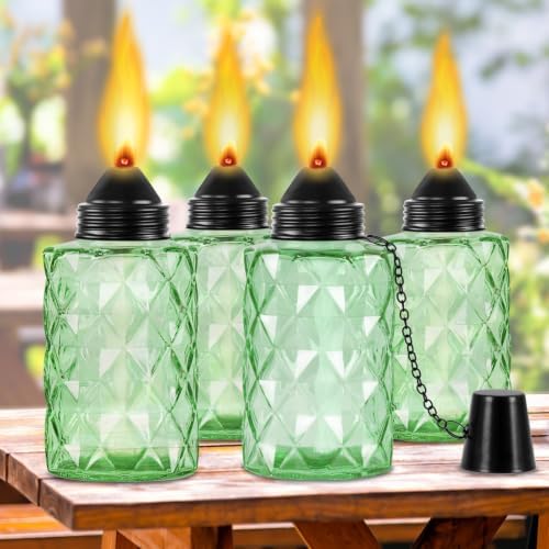 Glass Table Top Torch, Outdoor Torch Canisters 12 oz,Refill Canister with Wicks and Covers, Patio Metal Torch for Luau Party, DIY Garden Decor (4 Packs) (Green) by TaoTazon