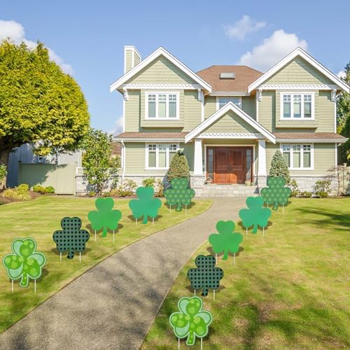 10 Pieces St. Patrick's Day Decorations Outdoor Yard Garden Porch Lawn Sign - 5 Assorted Shamrock Design 12.6 x 11 Inches Large Green Clover Signs with Stakes for Saint Patrick Irish Theme Party Favor - Image 4