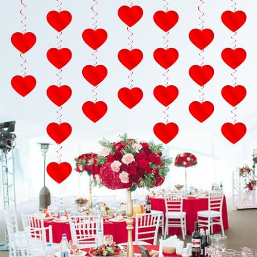 PartyGarden Red Hanging Heart Party Decorations - 24 Pcs Pre-Assembled Ceiling Hanging Swirls for Valentines Day, Galentines Day - Image 3
