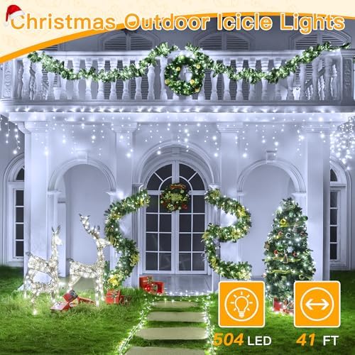 Ollny Icicle Lights for Outside 504LED 41FT, Cool White Christmas Light with Remote 8Modes Timers Waterproof, Plug in Connectable Hanging Lights for Outdoor Indoor House Roof Holiday - Image 2