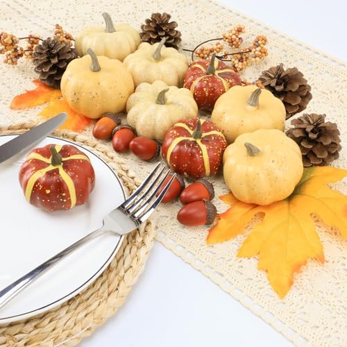 23Pcs Fake Pumpkins Fall Thanksgiving Decorations,Plastic Pumpkins with Acorns,Maple Leaves,Pine cones,Berries, Artificial Mini Pumpkin Decorating Harvest Home Decor Centerpiece Table Decorations - Image 4
