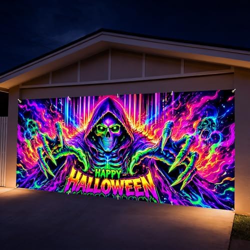 7 x 16 ft Neon Skull Blacklight Halloween Garage Door Decorations Halloween decorations Witch Door Cover, Hanging Banner Cauldron Backdrop Mural for Home - Image 2