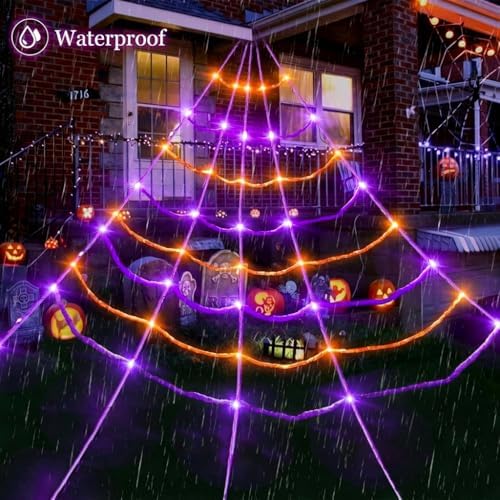 [Motion Activated Lighting&Speaking] 5Ft Giant Spider 20 * 17FT Halloween Spider Web 150 Led Purple&Orange Lights Light Up Lighted Waterproof with 200sqft Cobweb for Outdoor Decor Yard Decoration - Image 6