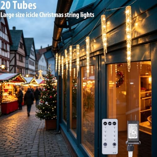 TWINKVILLA Christmas Lights - 20 Large Icicle Tubes, 29FT 8 Modes with Timer, 130 LED Waterproof Icicle Lights for Tree, Patio, Roof, Eave Decor (Warm White) - Image 2