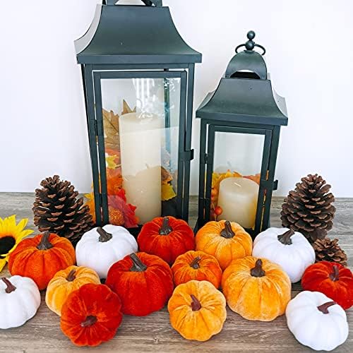 Winlyn Set of 16 Assorted Faux Small Rustic Harvest Decorative Pumpkins Velvet Fabric Foam Pumpkins in Rust Orange White for Farmhouse Fall Wedding Thanksgiving Centerpiece Table Mantel Décor - Image 5