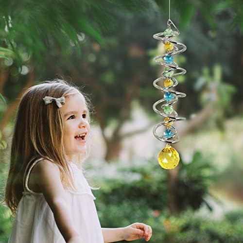 FONMY Gazing Ball Spiral Tail -Decorative Wind Spinner Sun Catcher Rainbow Maker Double-Spiral W/Golden Crystal Ball and Chain Crystals for Indoor Outdoor Garden Decoration -14 inch Height - Image 4