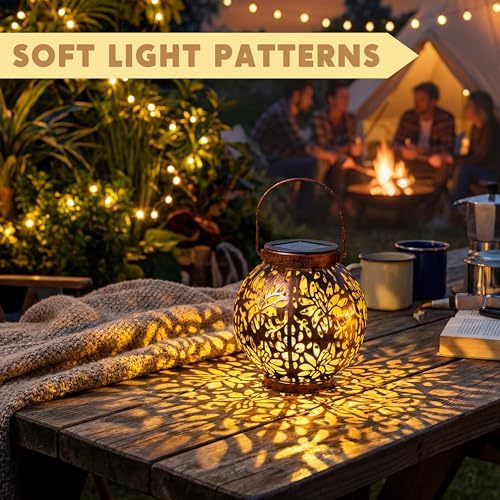 JOIEDOMI 2 Pack Outdoor Solar Hanging Lantern Lights, Waterproof Tabletop with Handle, LED Moroccan Lanterns, Metal Decorative Garden Solar Lights Spring for Patio, Lawn, Porch, Backyard - Image 5
