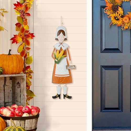 Glitzhome Thanksgiving Yard Stakes Metal Pilgrim Girl Yard Signs Hanging Wall Decors for Thanksgiving Fall Harvest Outdoor Decorations, 36" H - Image 4