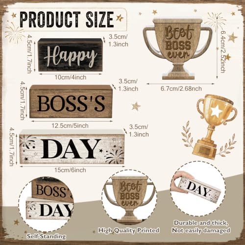 Moucuny 4 Pcs Boss Day Table Decorations Rustic Trophy Wooden Blocks Decor - Image 3