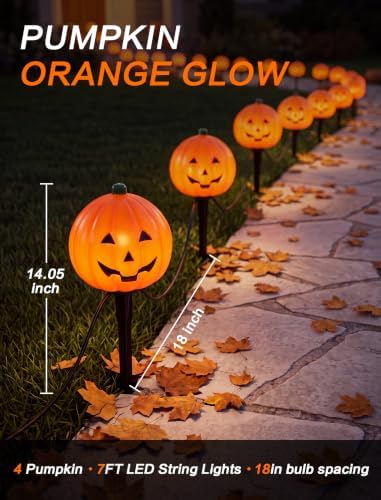SUNSGNE Halloween Pathway Lights Outdoor, Set of 4 Halloween Pumpkin Stake Lights, Connectable Jack-O-Lantern Walkway Light for Holiday Garden Party Driveway Lawn Lighting Decor - Image 2