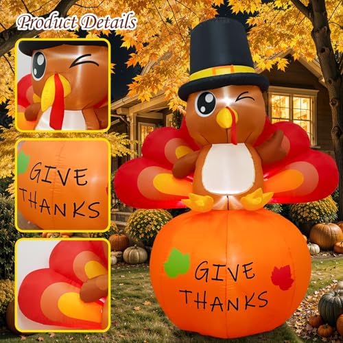 OurWarm 6FT Thanksgiving Inflatables Turkey Outdoor Decorations, Blow Up Turkey Inflatable on Pumpkin with Built-in LEDs, Happy Thanksgiving Blowups Yard Decorations for Outside Fall Garden Lawn Decor - Image 3