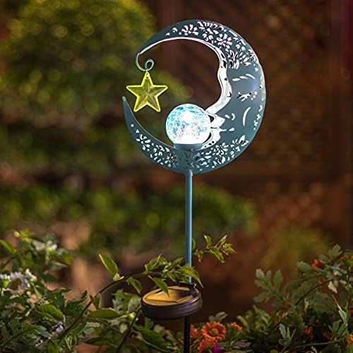 Hapjoy Outdoor Solar Lights Garden Decor for Patio,Lawn or Pathway Moon Decorations Crackle Glass Globe Stake Metal Lights Waterproof Warm LED Garden Gifts (Blue) - Image 4