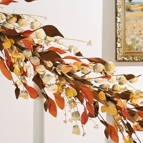 Fall Decor, Fall Garland with Lights, 6FT Autumn Eucalyptus Leaves Lighted Garland Thanksgiving Harvest Festival Decorations for Home Mantle Porch Outdoor Indoor Wedding Table Wall Arch Decor - Image 2