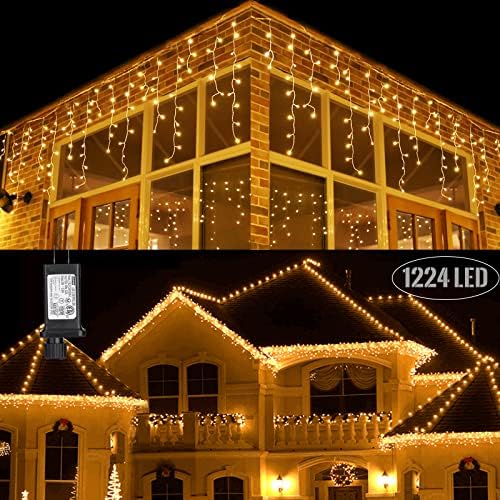 Toodour Christmas Icicle Lights Outdoor, 1224 LED 100ft 8 Modes Fairy Icicle String Light with 204 Drops, Led Christmas Lights Twinkle for Holiday, Party, Wedding, Eaves, Xmas Decorations (Warm White) by Toodour