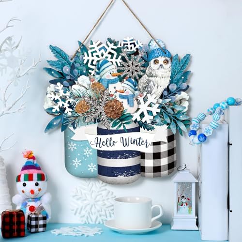 Spiareal Winter Welcome Sign Wood Blue White Hello Winter Front Door Decor - Image 2
